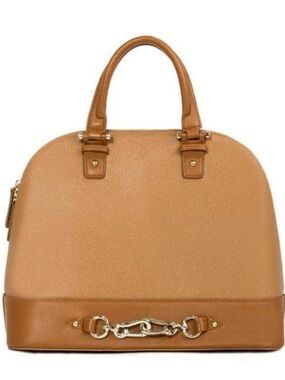 JustFab Camel brown faux leather satchel handbag tote dome shape gold-tone